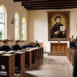 **

"John Calvin teaching in Geneva. Simple church interior, serious students, emphasis on Bible. Historical, educational atmosphere."

**