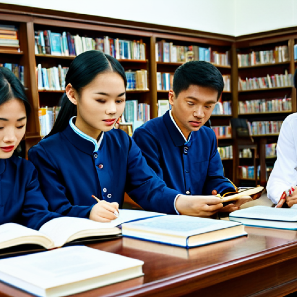 **

"A group of diligent Vietnamese students, fully clothed in áo dài, studying diligently in a well-lit library. Books on economic theories and religious history are scattered on the table. Safe for work, appropriate content, professional setting, perfect anatomy, natural proportions, high quality."

**