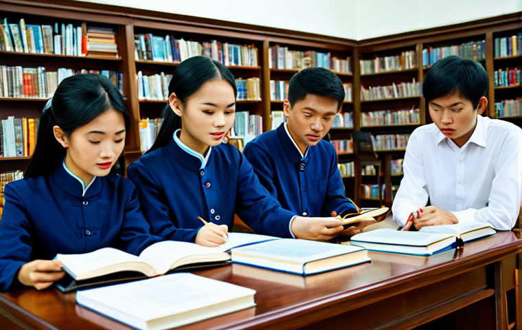 **

"A group of diligent Vietnamese students, fully clothed in áo dài, studying diligently in a well-lit library. Books on economic theories and religious history are scattered on the table. Safe for work, appropriate content, professional setting, perfect anatomy, natural proportions, high quality."

**