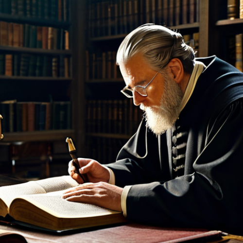 Home 6 Reformation Era Scholar**
"A distinguished scholar in 16th-century attire, fully clothed, sitting at a wooden desk in a dimly lit study. He is surrounded by stacks of books and scrolls. A quill pen rests in his hand as he contemplates a passage from a large, open Bible. The scene evokes an atmosphere of intellectual curiosity and religious contemplation. Appropriate attire, professional, safe for work, perfect anatomy, natural proportions, high quality."
**