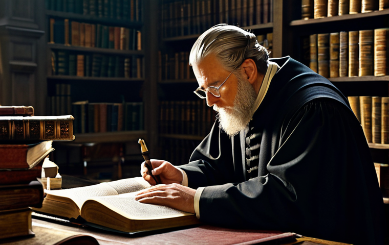 Reformation Era Scholar**

"A distinguished scholar in 16th-century attire, fully clothed, sitting at a wooden desk in a dimly lit study. He is surrounded by stacks of books and scrolls. A quill pen rests in his hand as he contemplates a passage from a large, open Bible. The scene evokes an atmosphere of intellectual curiosity and religious contemplation. Appropriate attire, professional, safe for work, perfect anatomy, natural proportions, high quality."

**